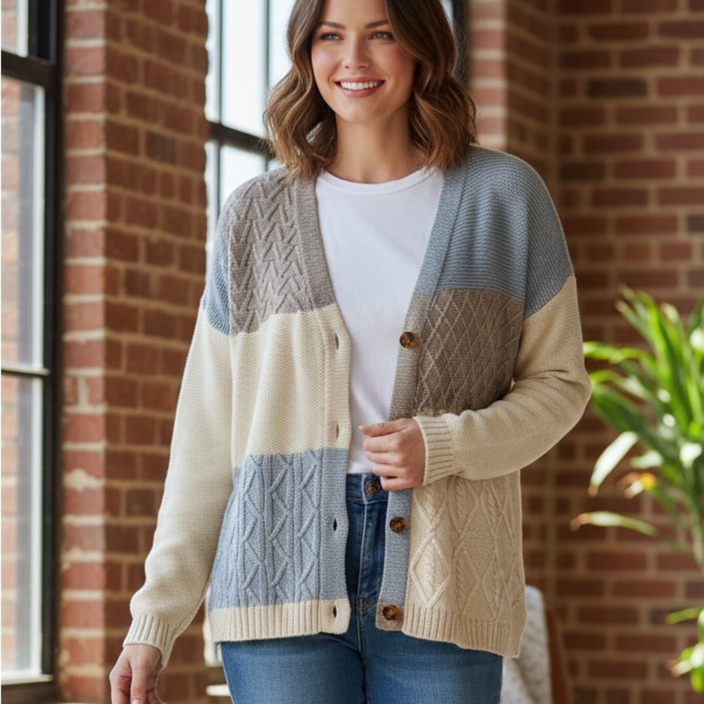 Maurices Cream Gray blue Cardigan‎ Sweater oversized Medium Coastal Gramdma